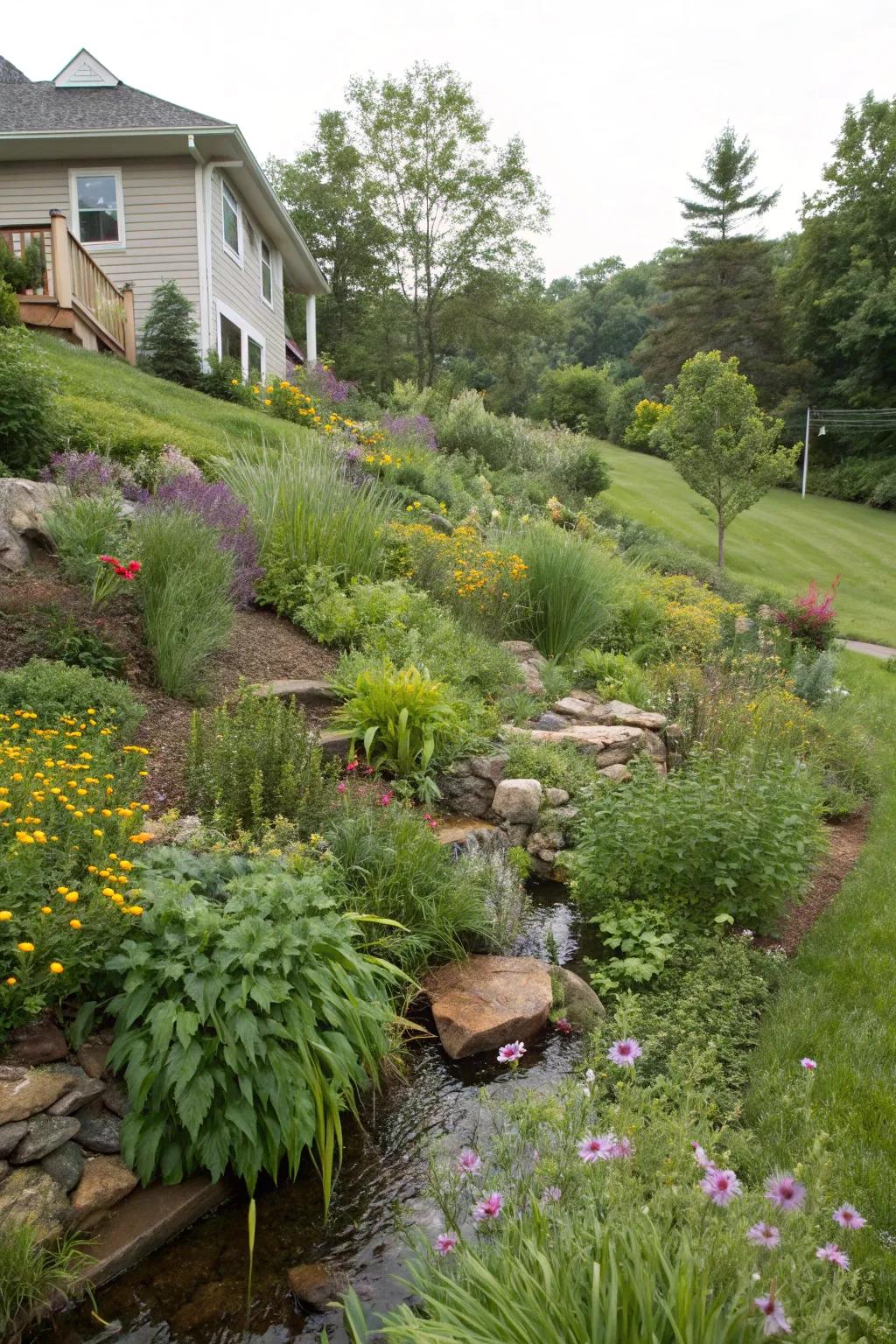 Rain gardens manage runoff and showcase plants that thrive in moisture.