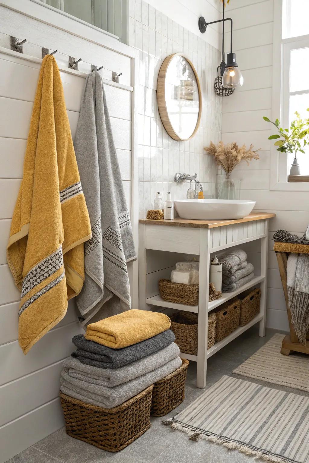 Mustard and silver textiles offer warmth and depth.