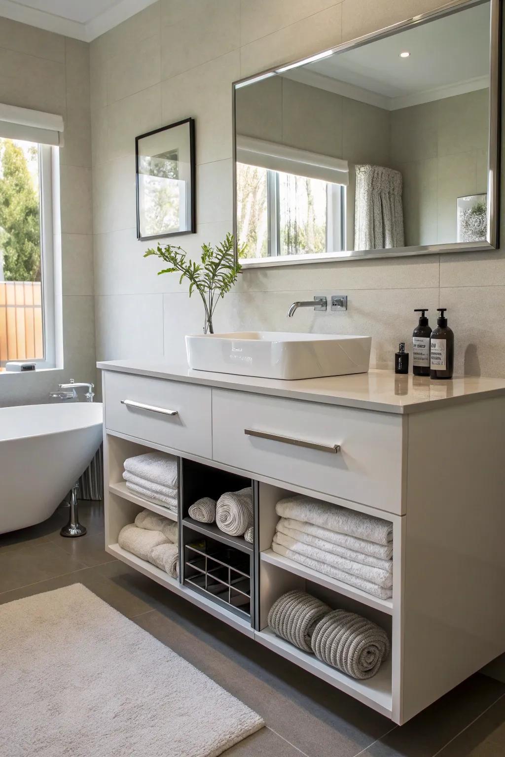 Floating vanities deliver smooth and integrated towel storage solutions.