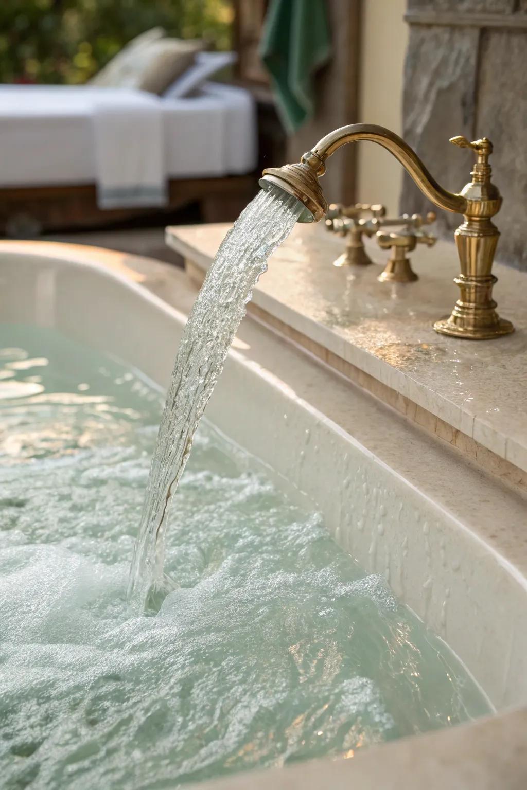 A cascading faucet elevates the charm of this bathtub.