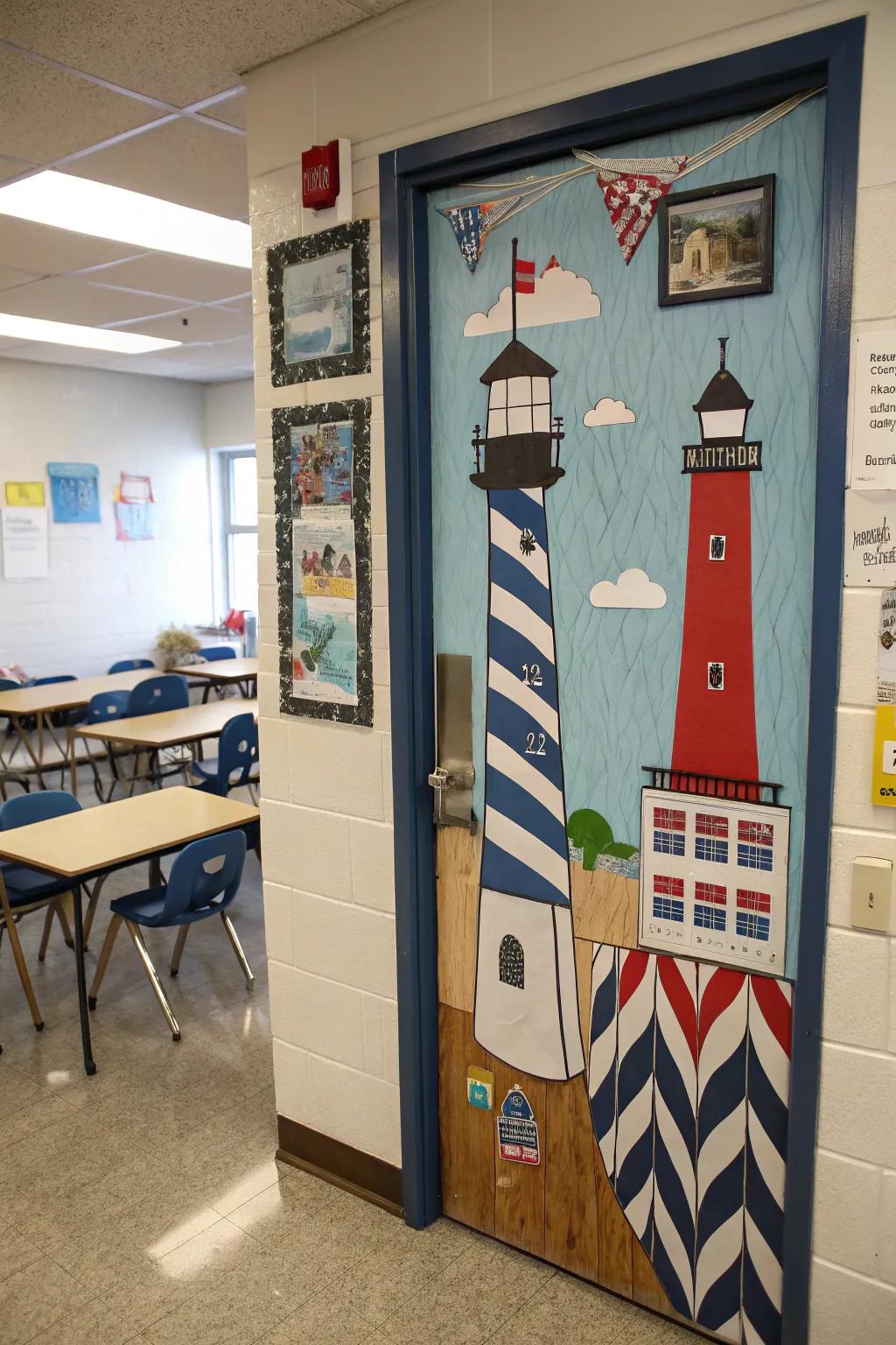 Classroom entrance featuring a seafarer's signal theme guiding educational adventures.