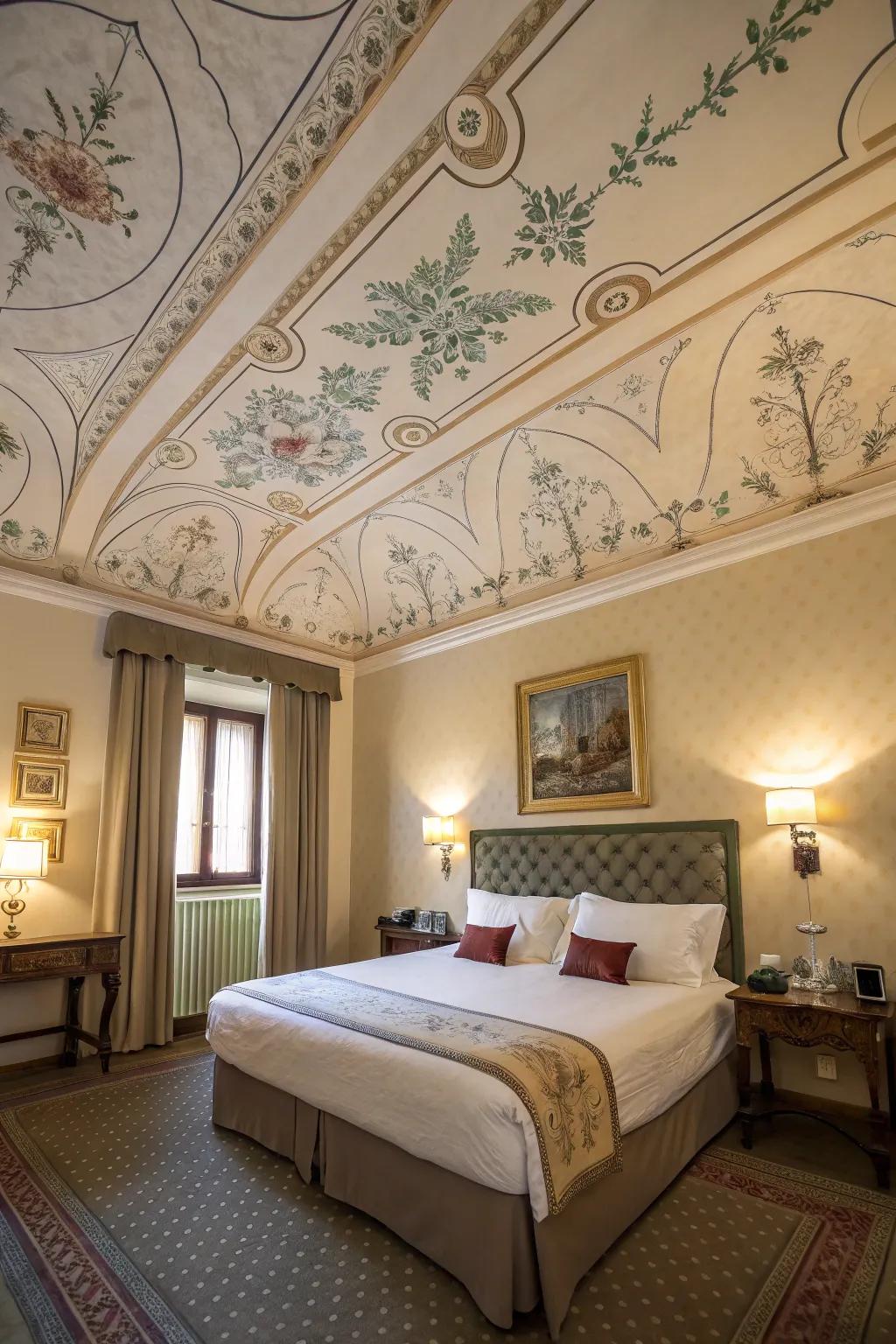 Ceiling decor contributes a surprising twist to this fashionable bedroom.