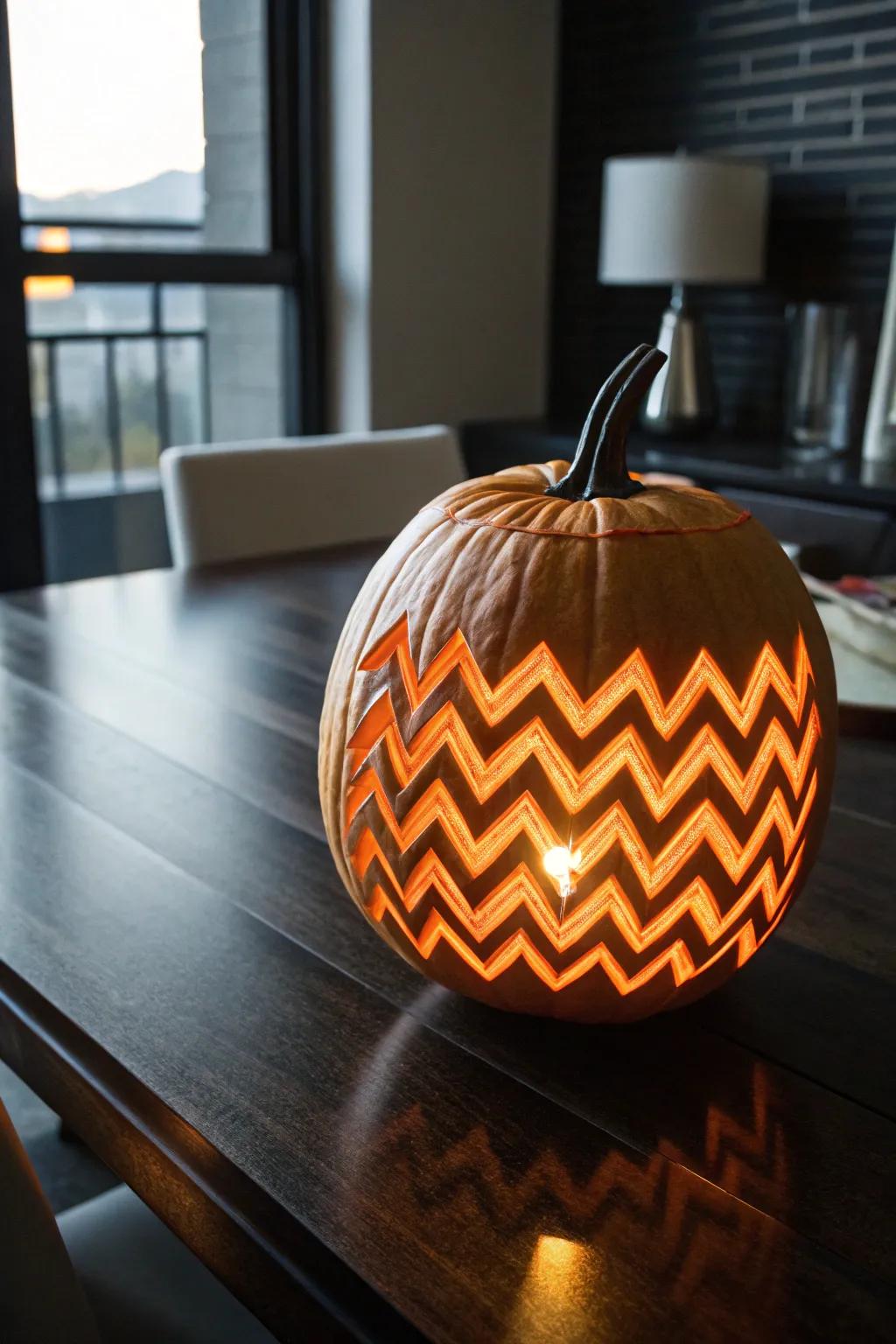 With contemporary zig-zag pumpkin carvings, elevate your Halloween décor.