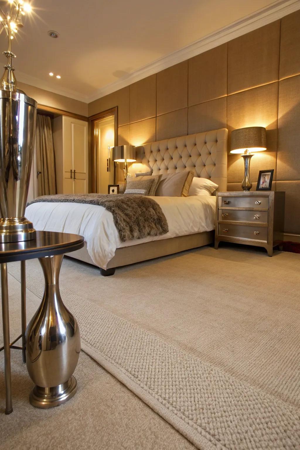 Metallic tones introduce a modern edge to a classic beige carpeted bedroom.