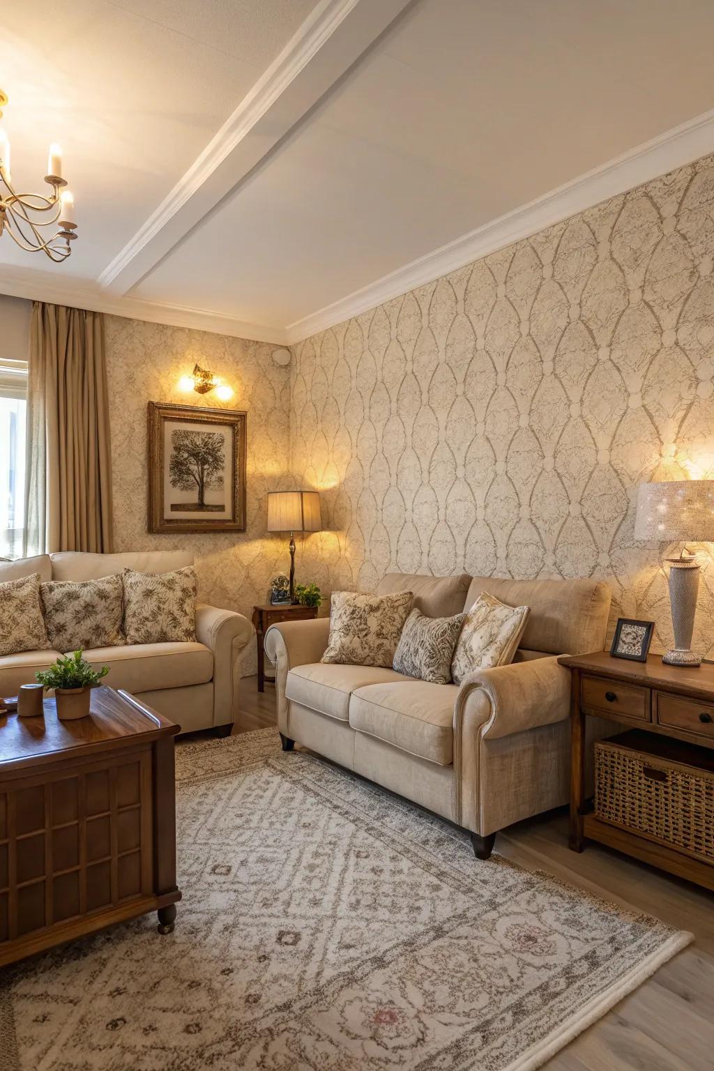 Textured wallpaper brings depth.