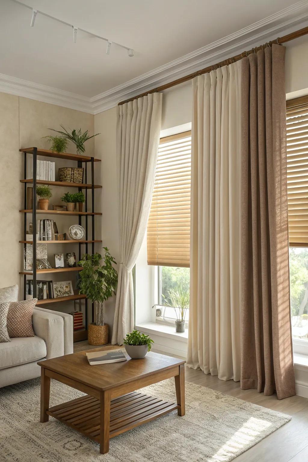 Layered window treatments mixing coverings and curtains for a dramatic effect.