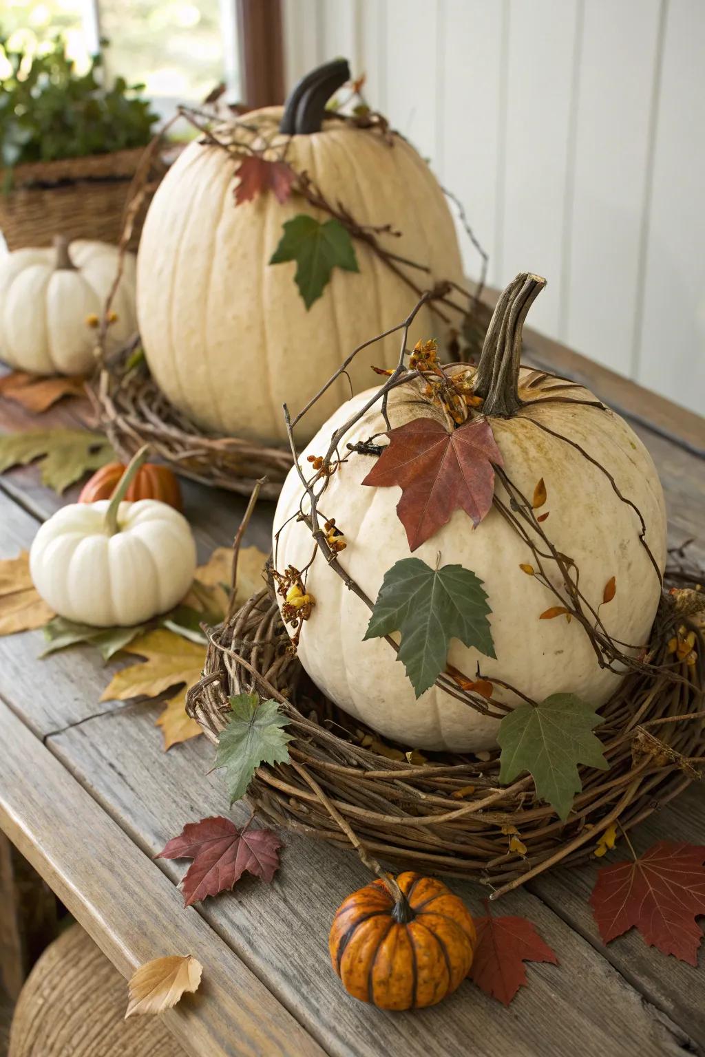 Incorporate innate textures through twig and foliage-adorned gourds.