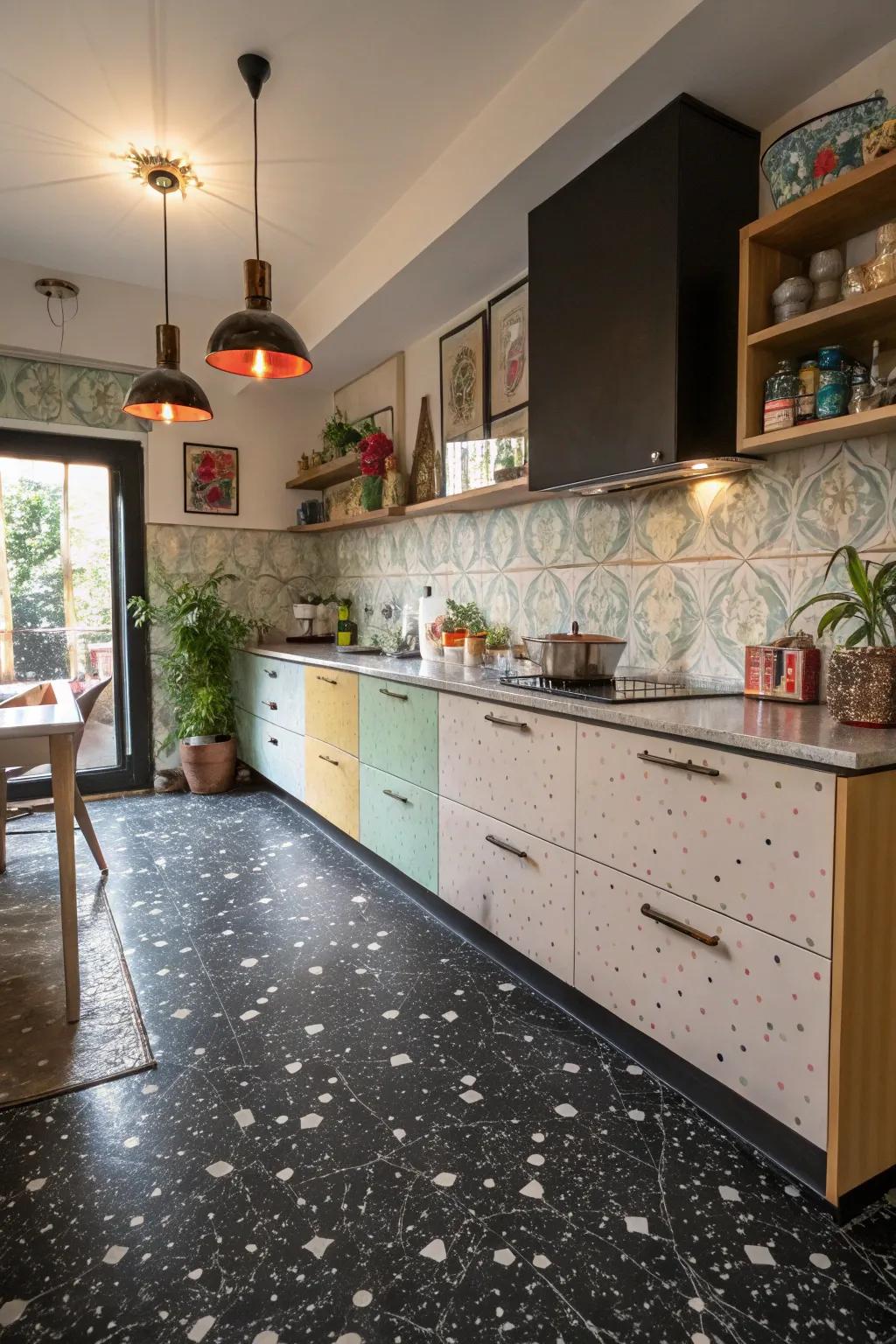 A kitchen with dark terrazzo floor tiles offering a playful, sophisticated twist.