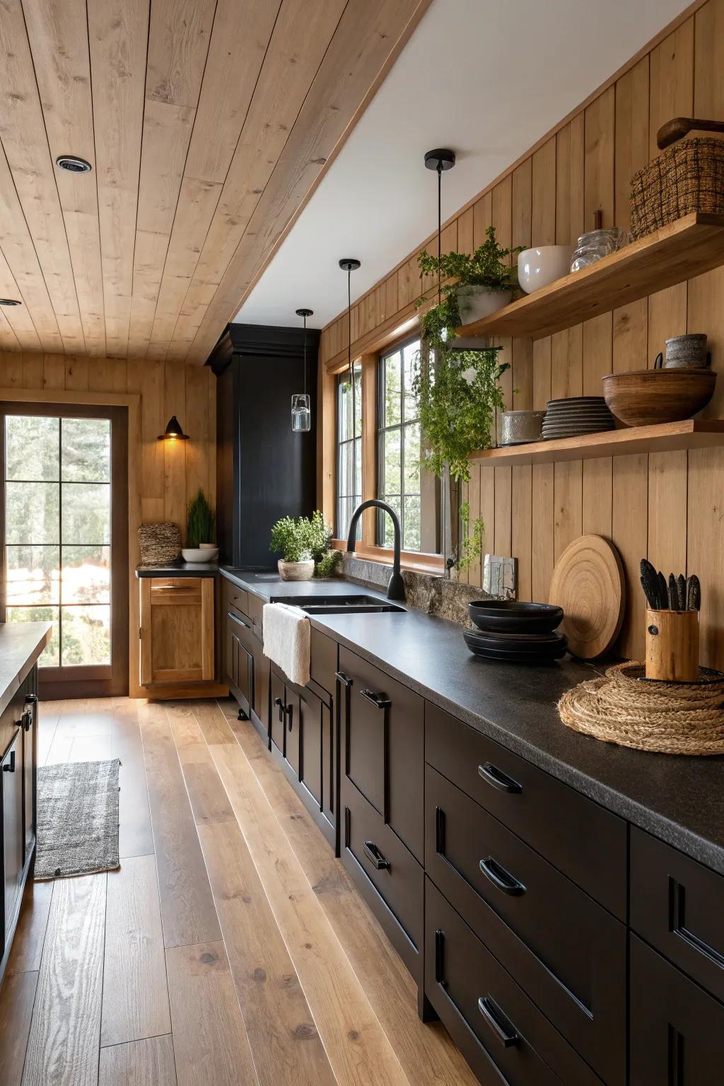 Dark elements harmonize beautifully with earth tones.
