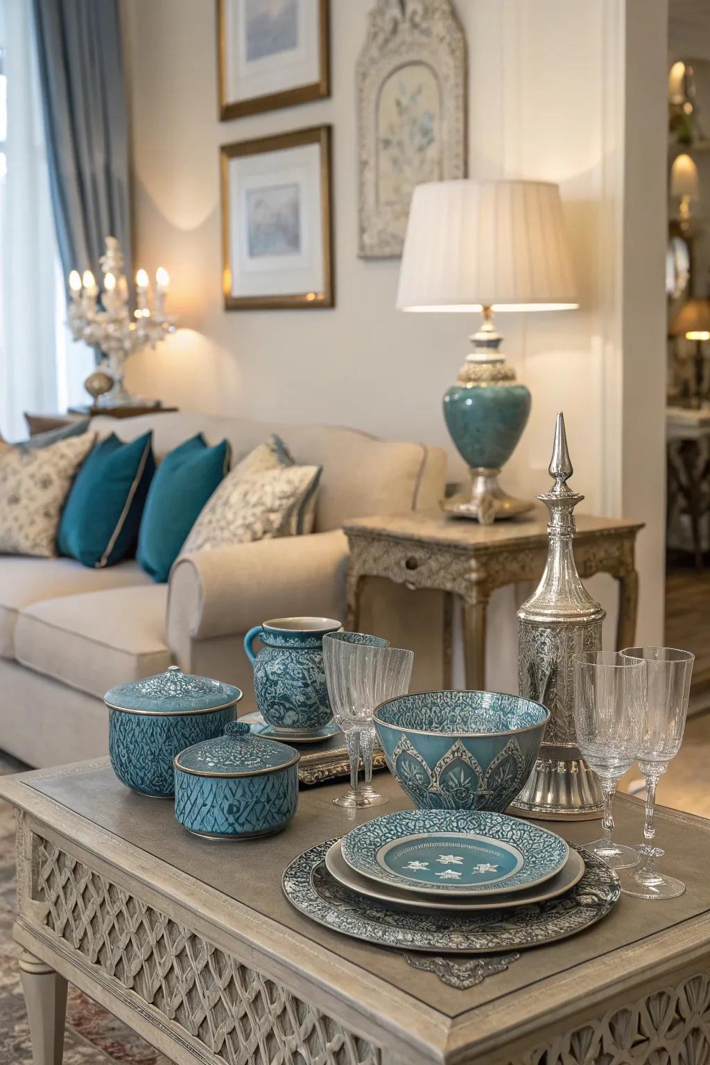 Blue and silver dining ware adds subtle elegance to this living room's decor.