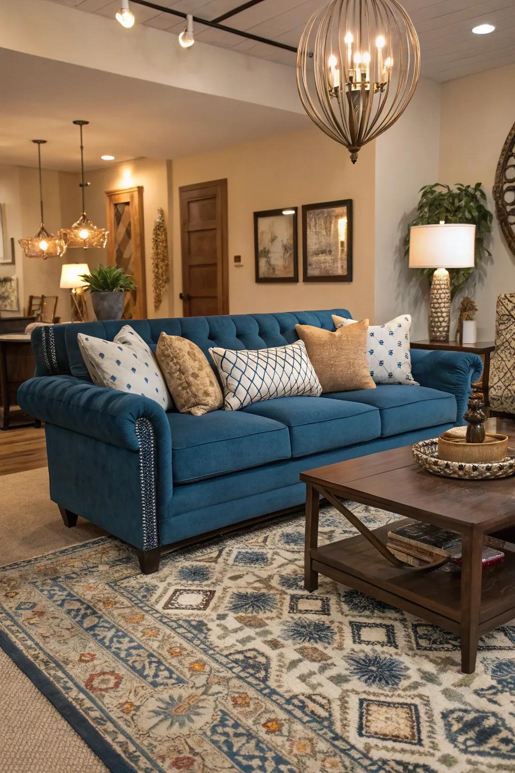 Striking furnishings enhance and uplift a cerulean settee arrangement.