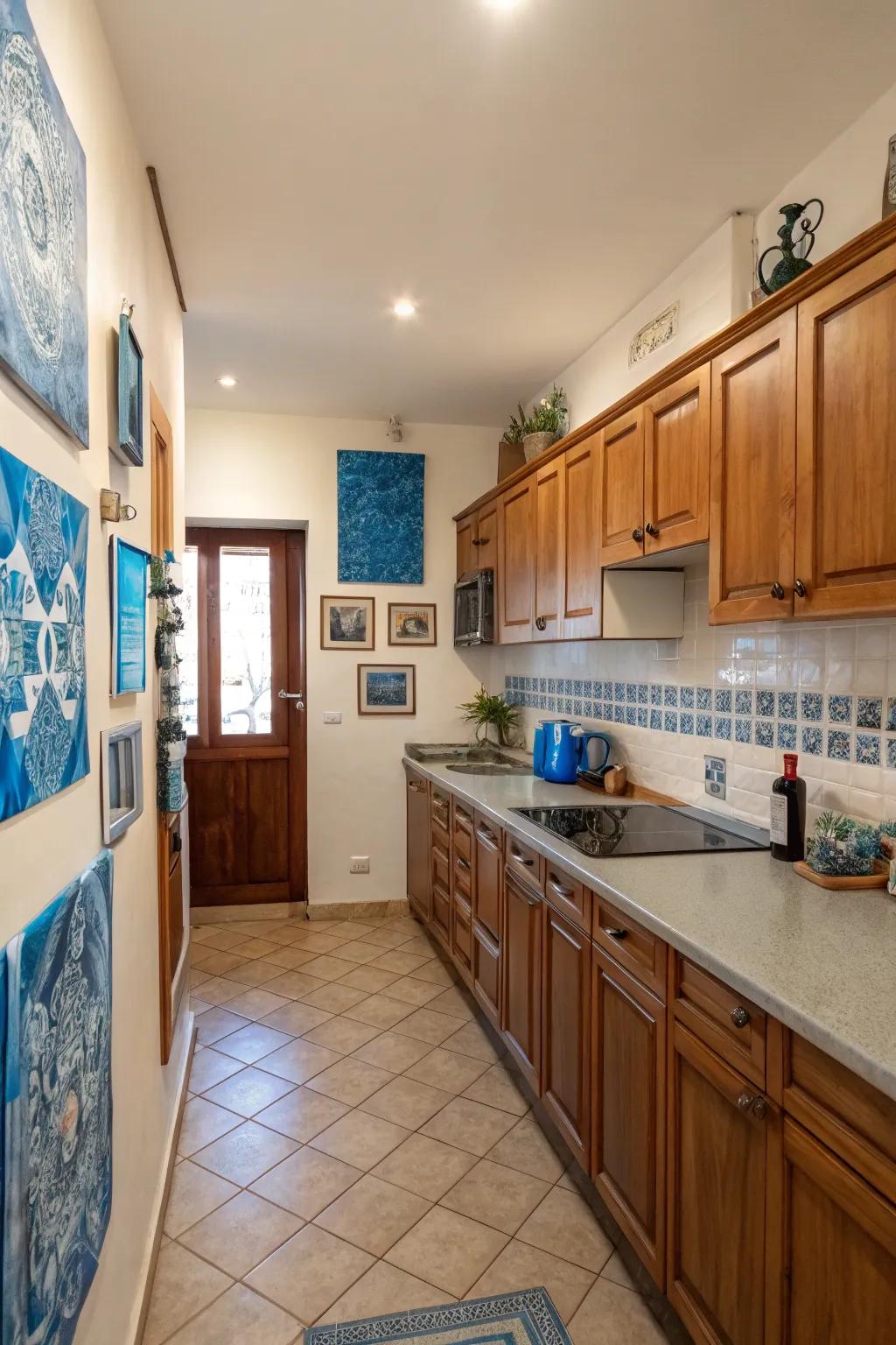 Azure art pieces enhance the kitchen’s cohesive theme.
