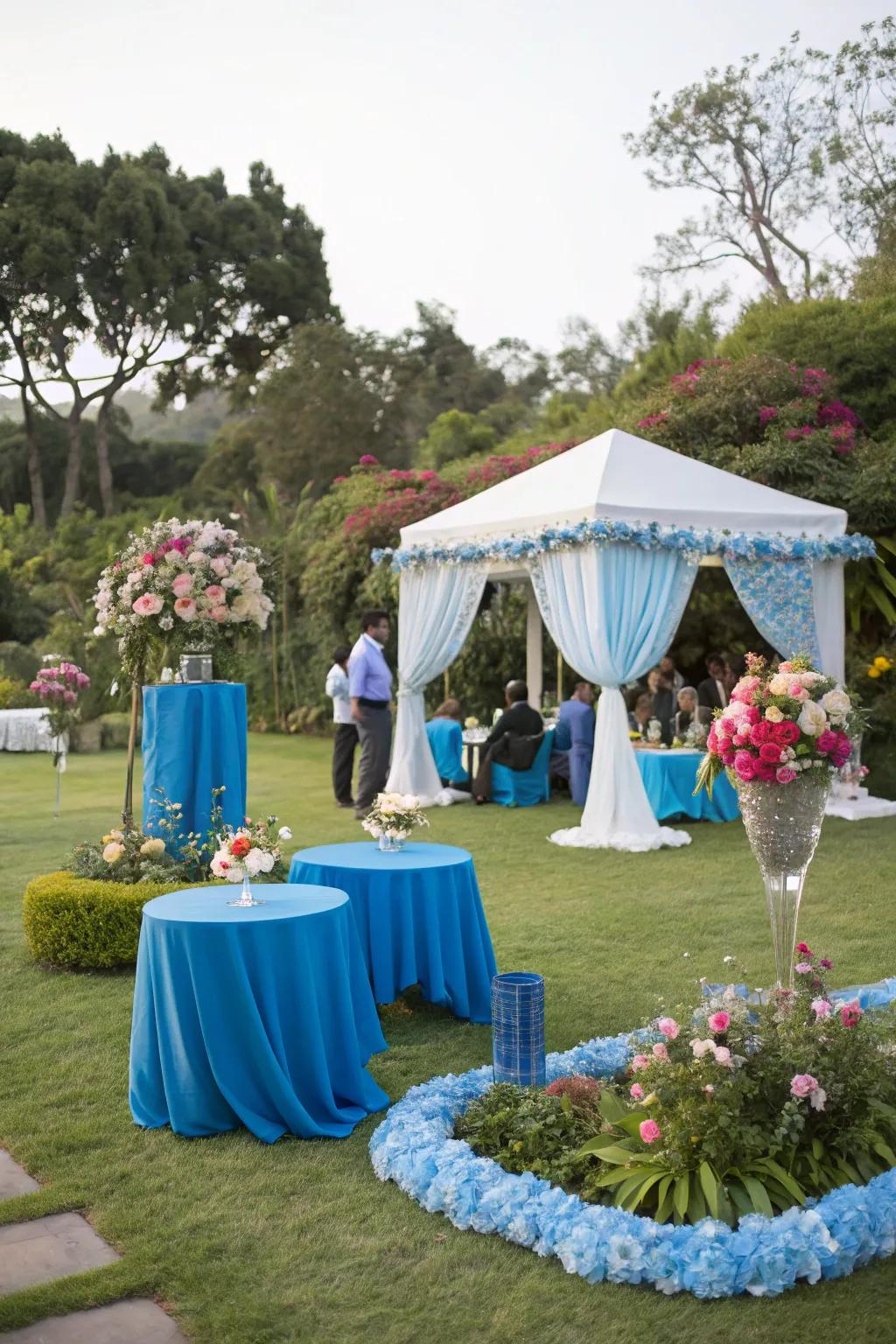 A whimsical azure lawn celebration mixing nature with elegance.