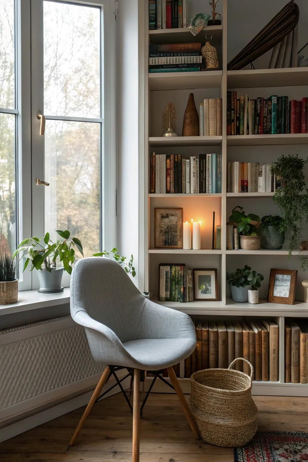 Infuse your bookshelves with artistic panache through imaginative arrangements.