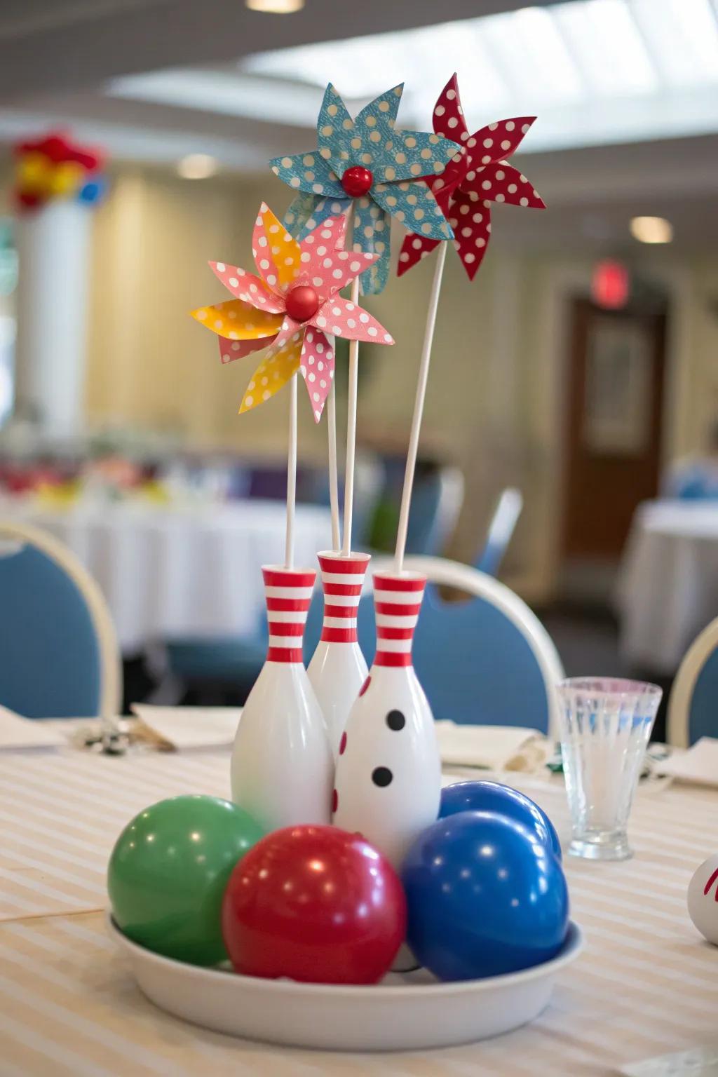 Playful windmills add whimsy to your bowling-themed centerpiece.