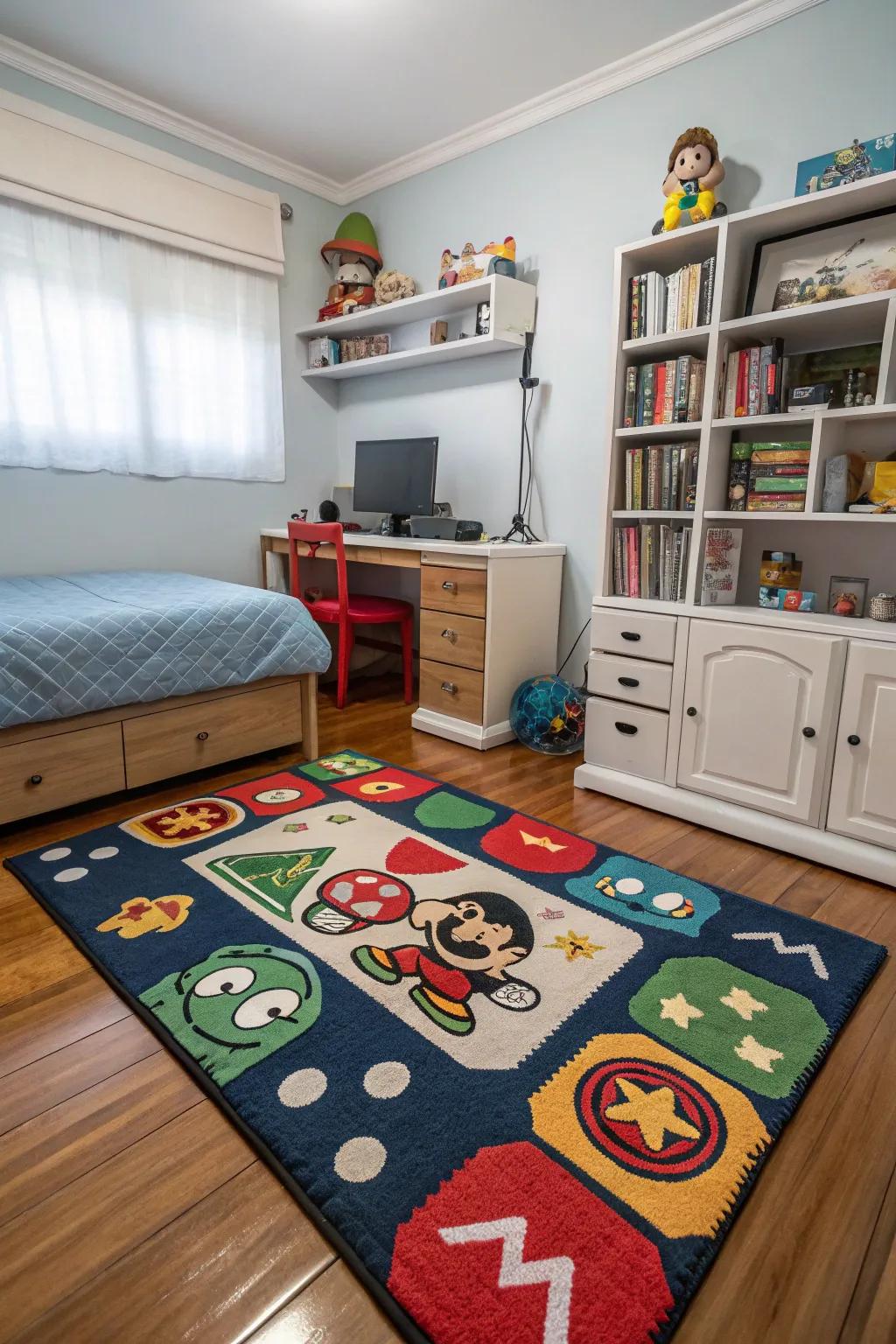 A gaming-themed rug complements the room's decor.