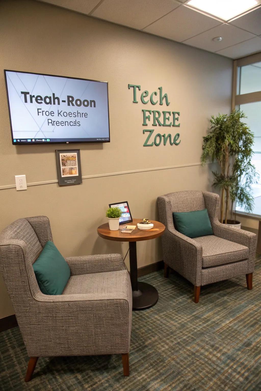 A tech-free area encourages relaxation and face-to-face interaction.