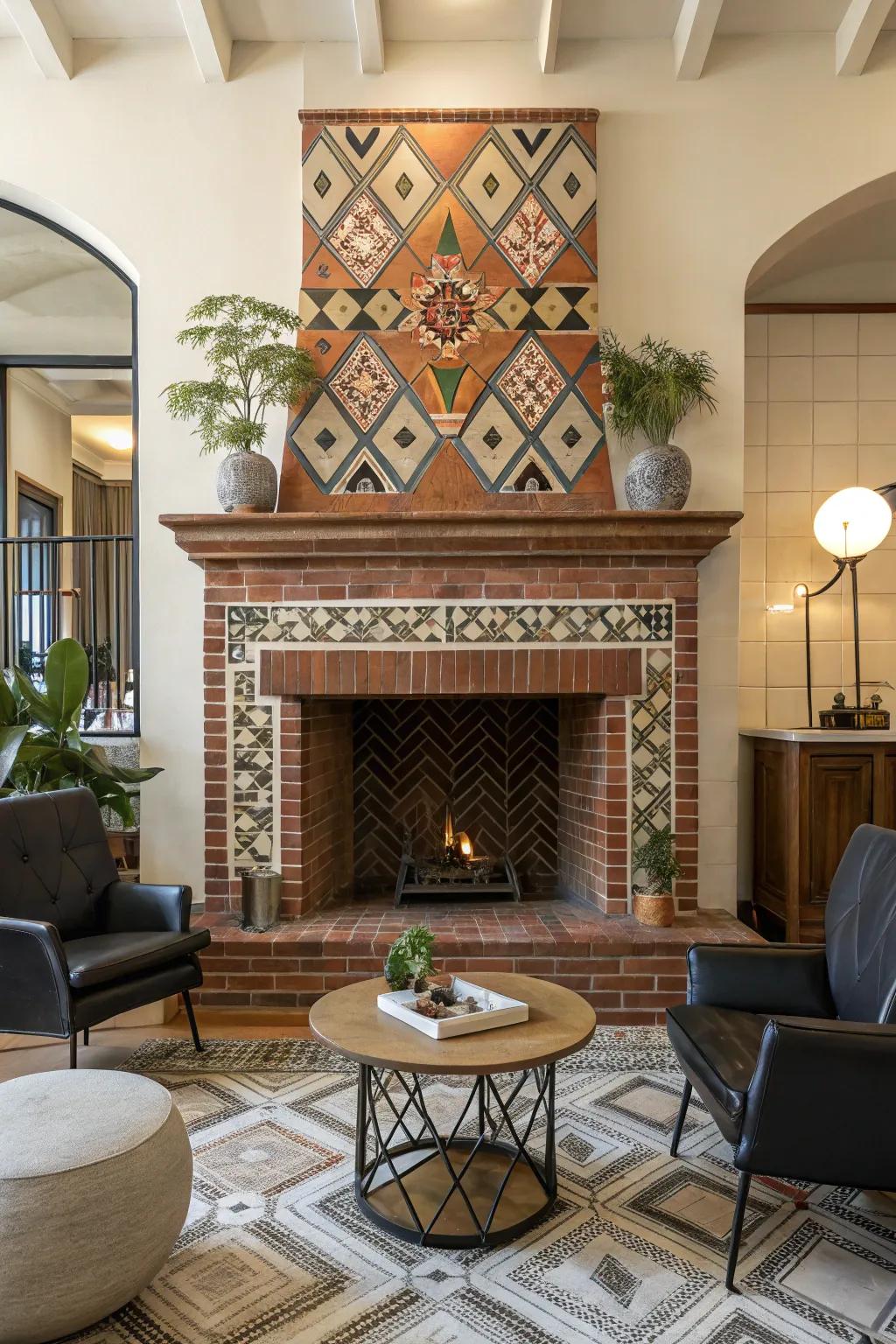 A modern brick hearth featuring geometric patterns for a contemporary element.