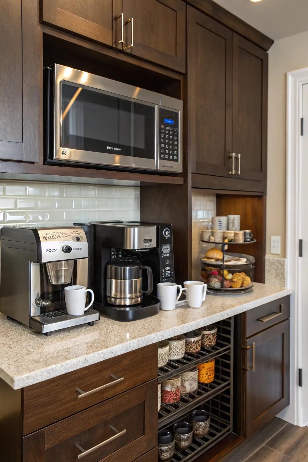 Chic kitchen design featuring a microwave positioned over a coffee station.