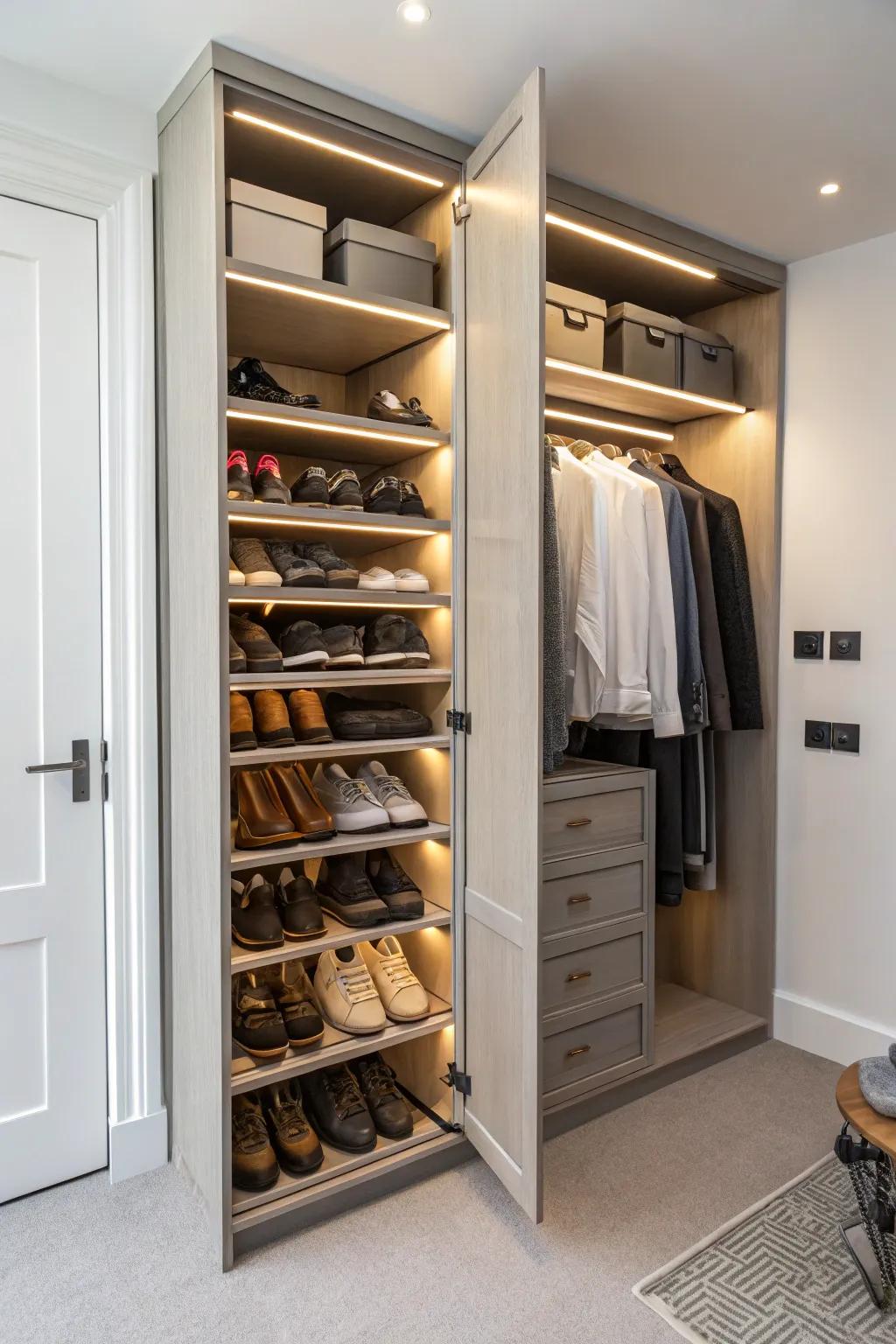Integrated footwear storage ensures that one's curated collection remains systematically arranged and readily accessible.
