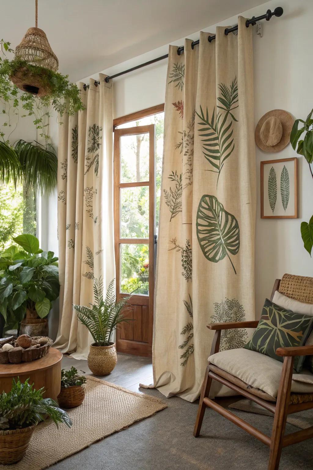 Nature-inspired sackcloth drapes featuring plant designs.