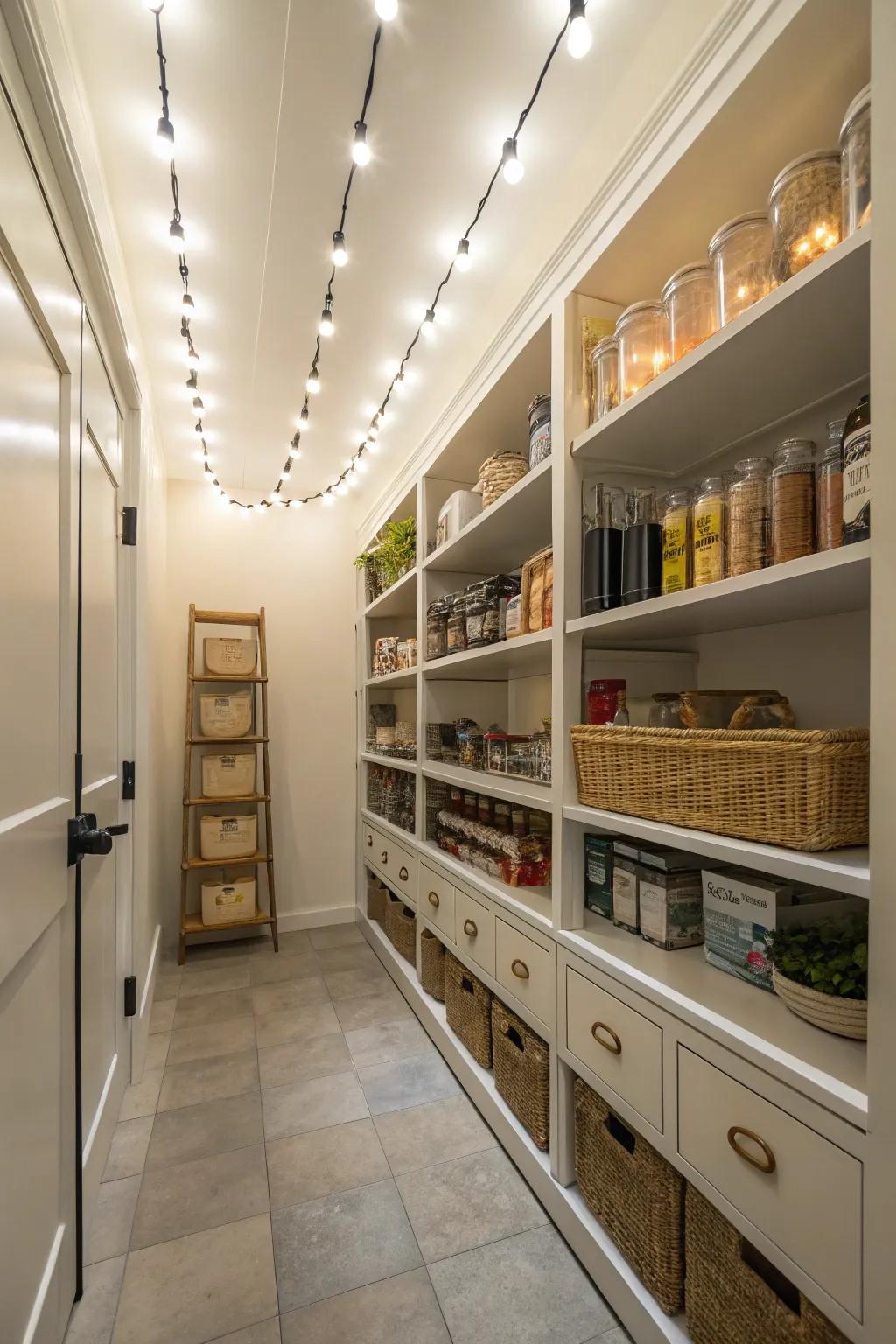 Illuminate unexpected spaces like pantries through stylish wiring lighting.