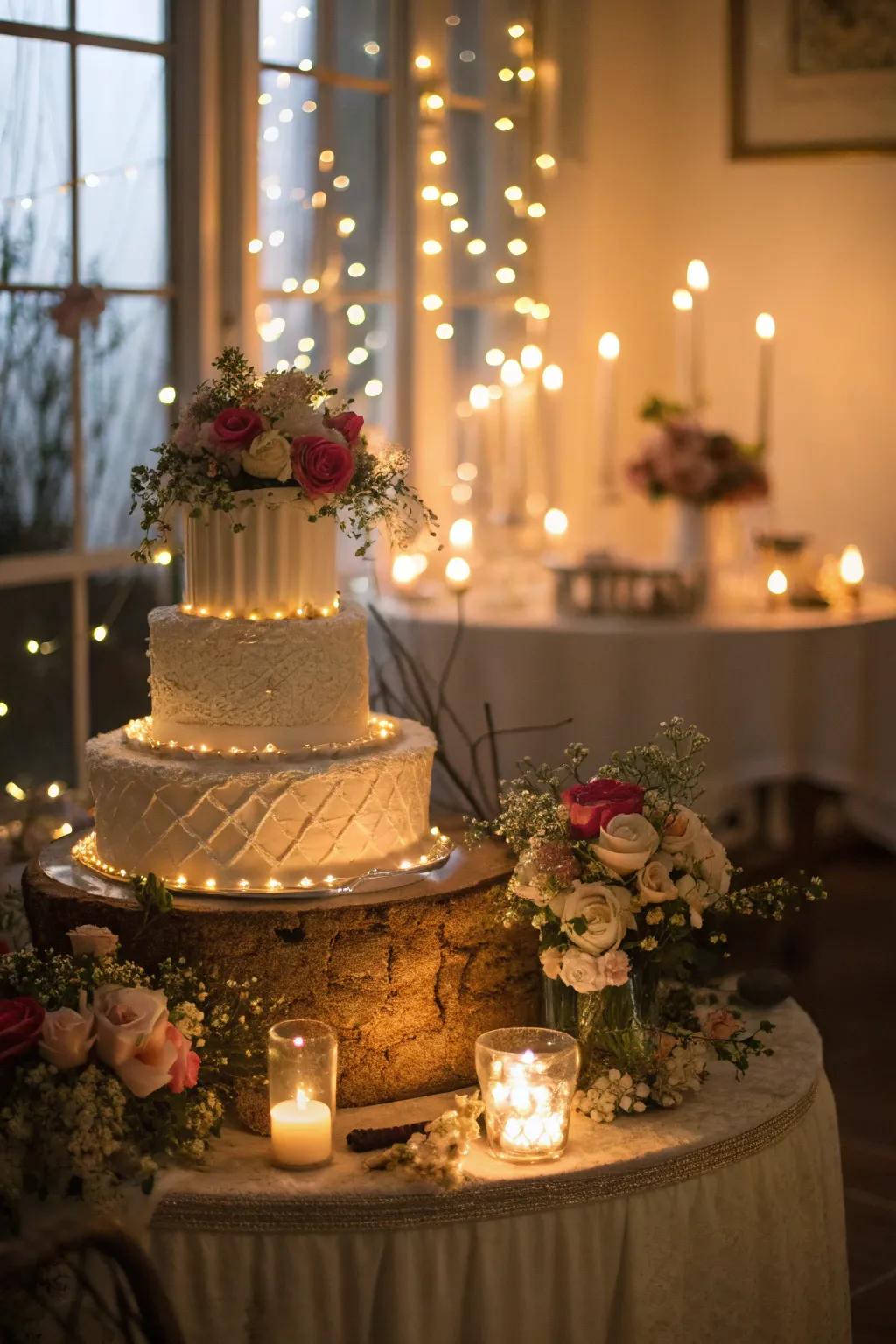 A cake table highlighted by soft lighting, creating a warm and inviting ambiance.