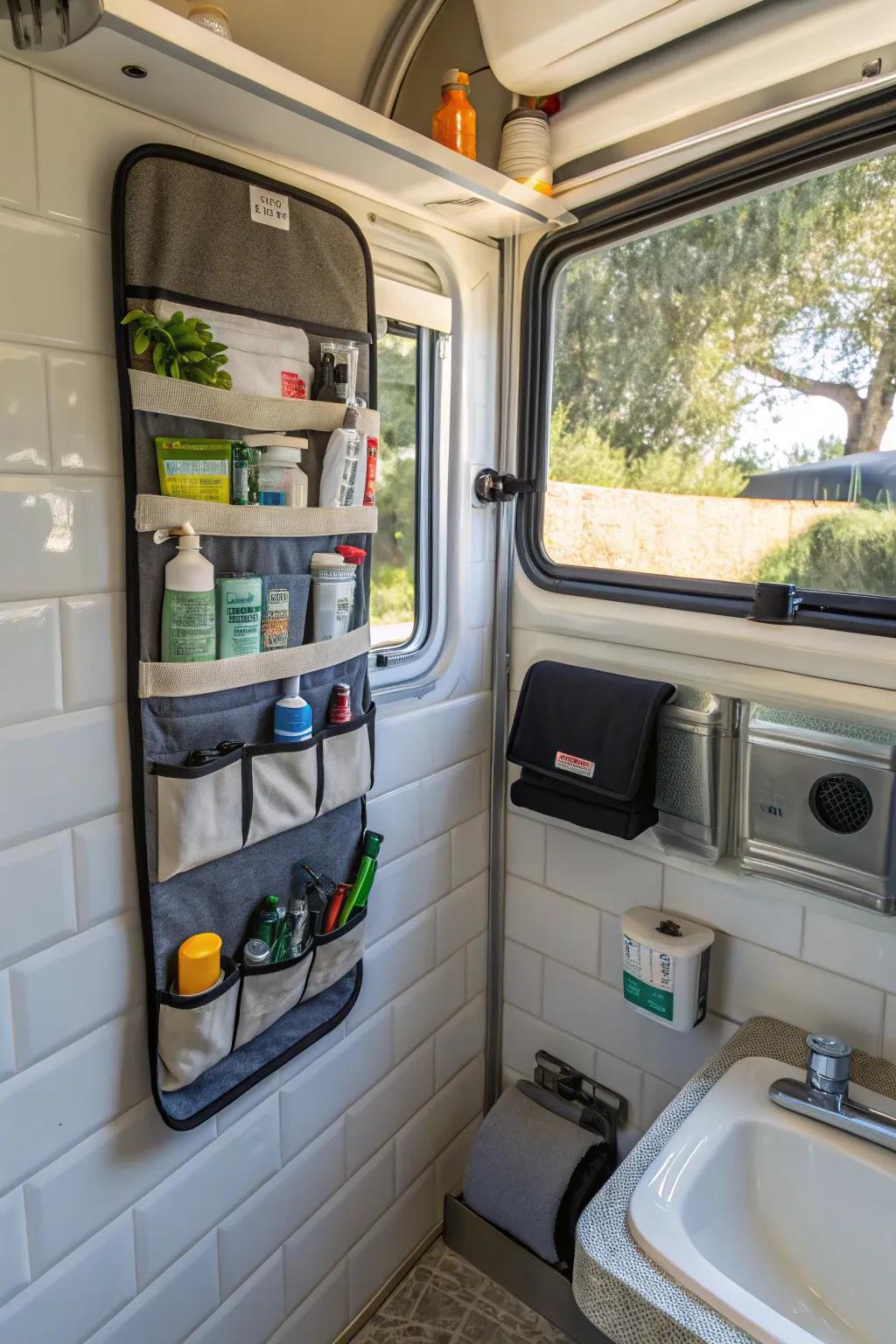 A space-saving toiletries organizer in a camper van bathroom.