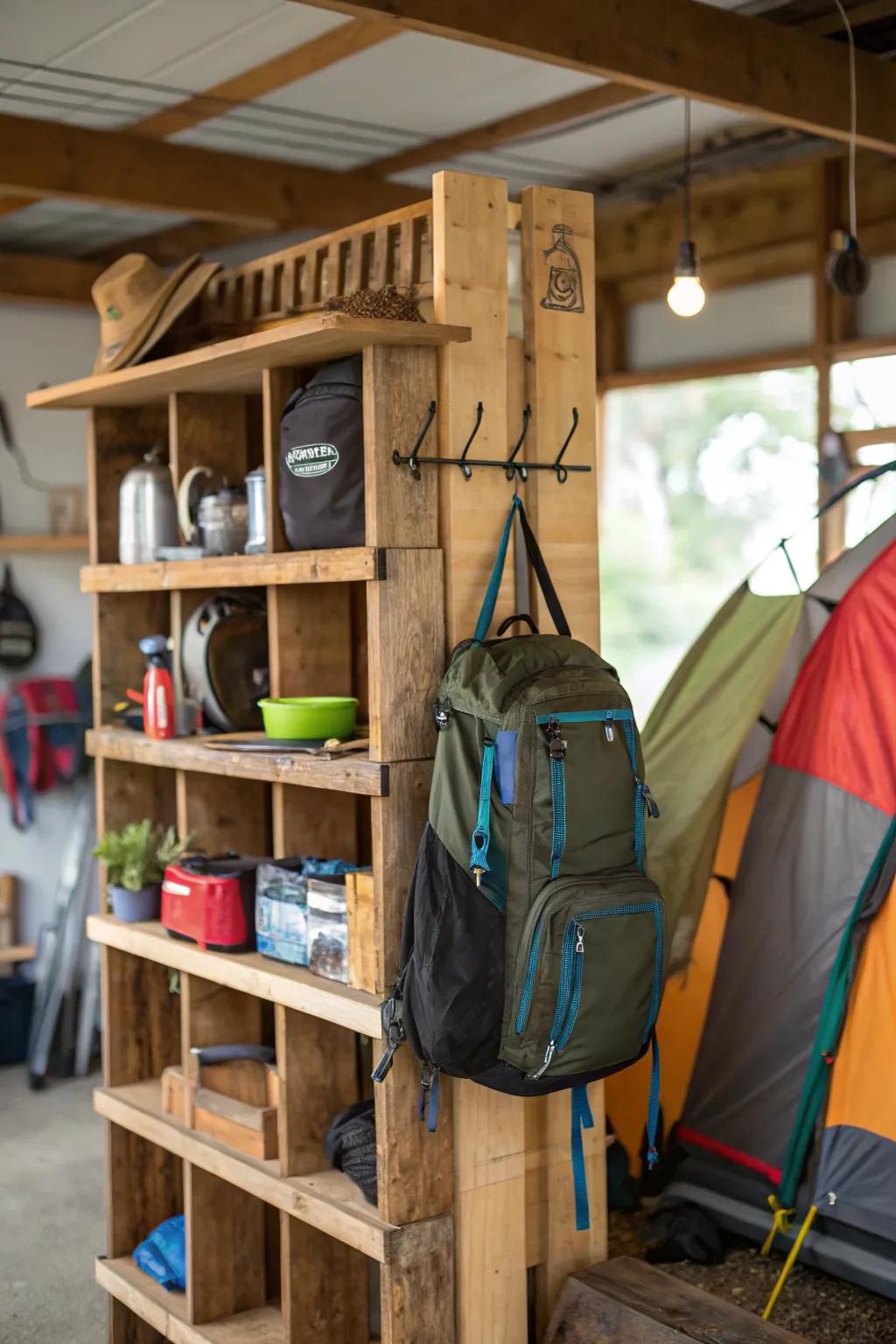Home-made storage solutions offer personalized and creative ways to arrange camping gear.