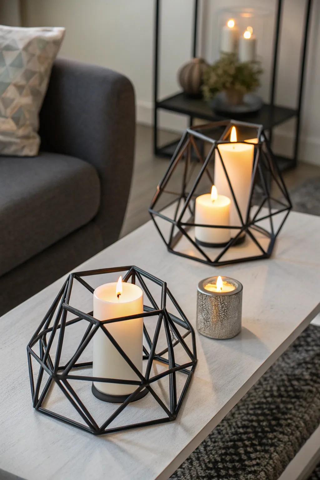 Bold modern declaration featuring geometric candle enclosures.