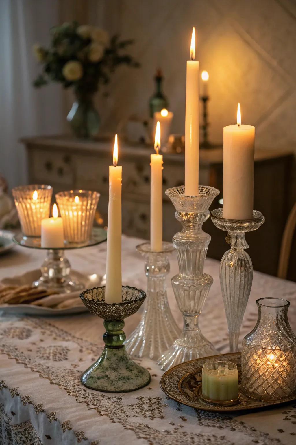 Charming flame cluster in eclectic ancient glassware.