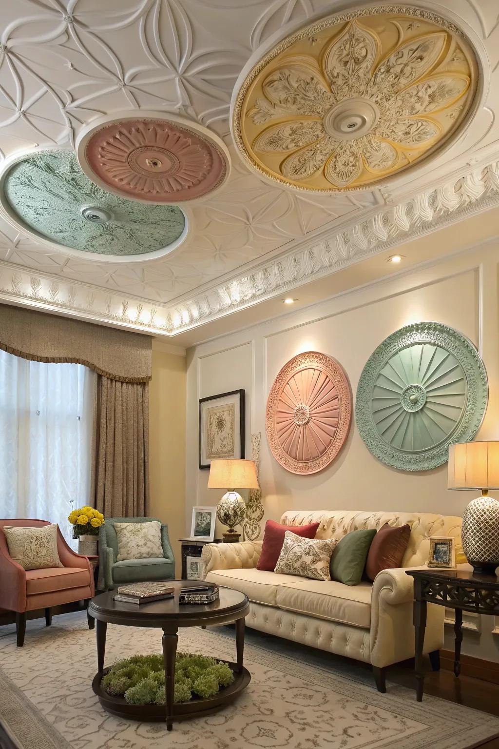 Intermingling rosette styles crafts a singular overhead declaration.