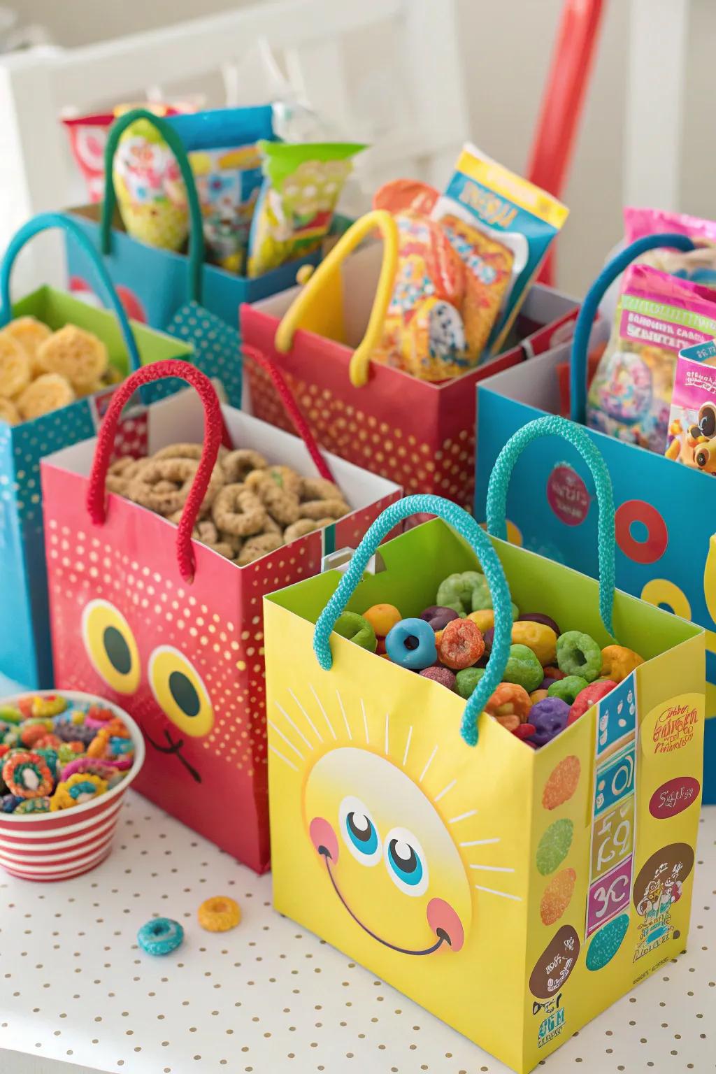 Multihued favor pouches brimming with grain-themed treats and amusements.