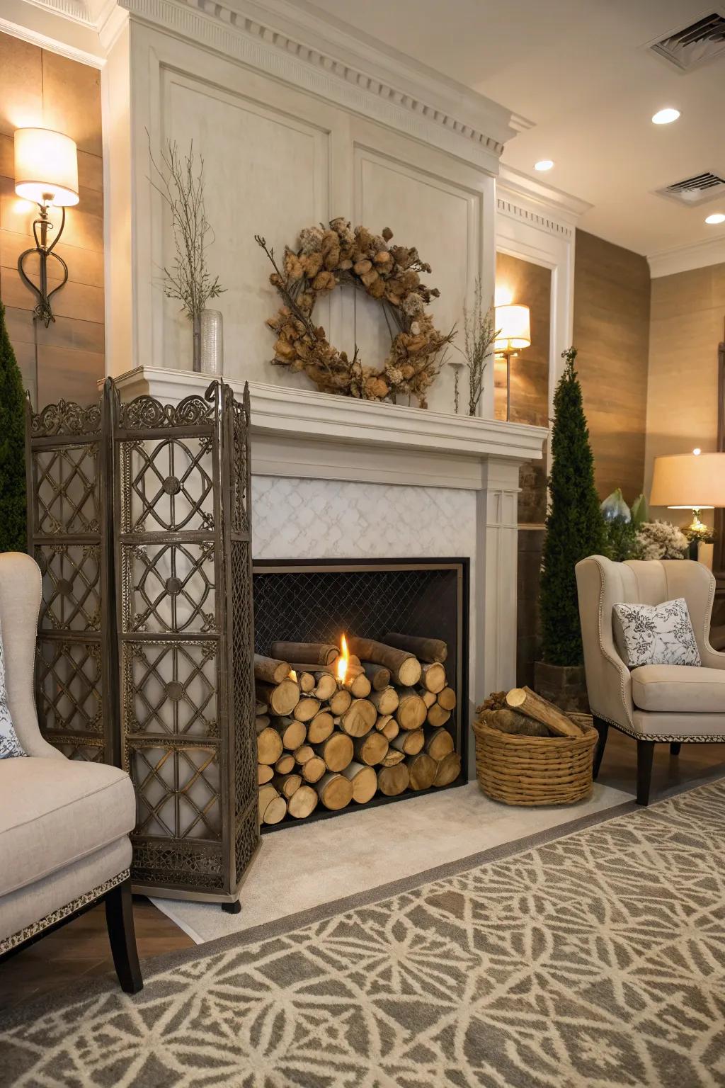 Functional decor surrounding the fireplace enhances usability and style.