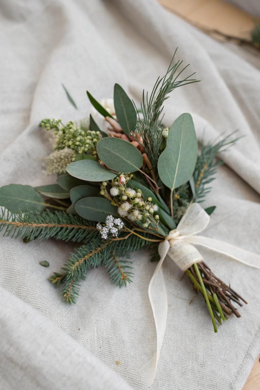 A modern Christmas posy styled with eucalyptus foliage.
