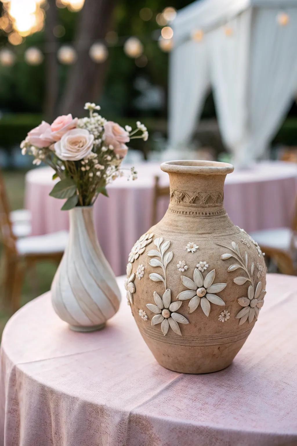 A flower-decorated earthenware vase adding a romantic feeling to spring decorating.
