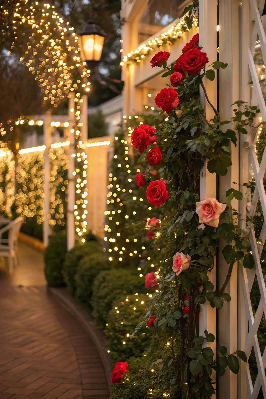 Render your garden gala with yuletide-embellished climbing roses.