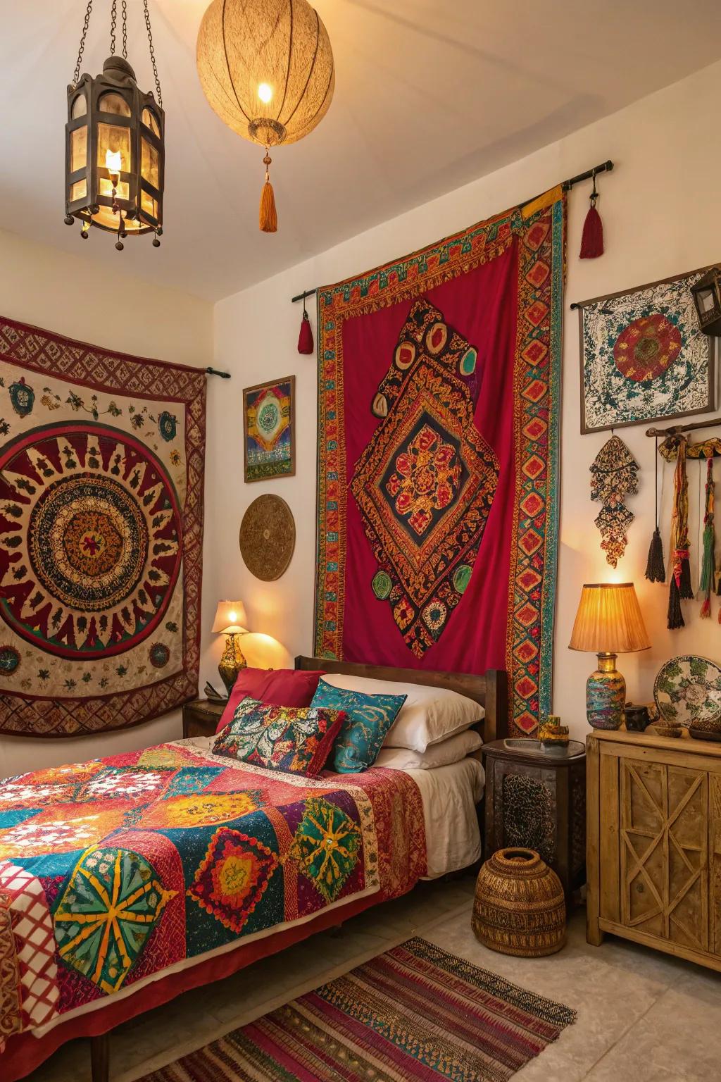 Global designs enrich the design of this bedroom.