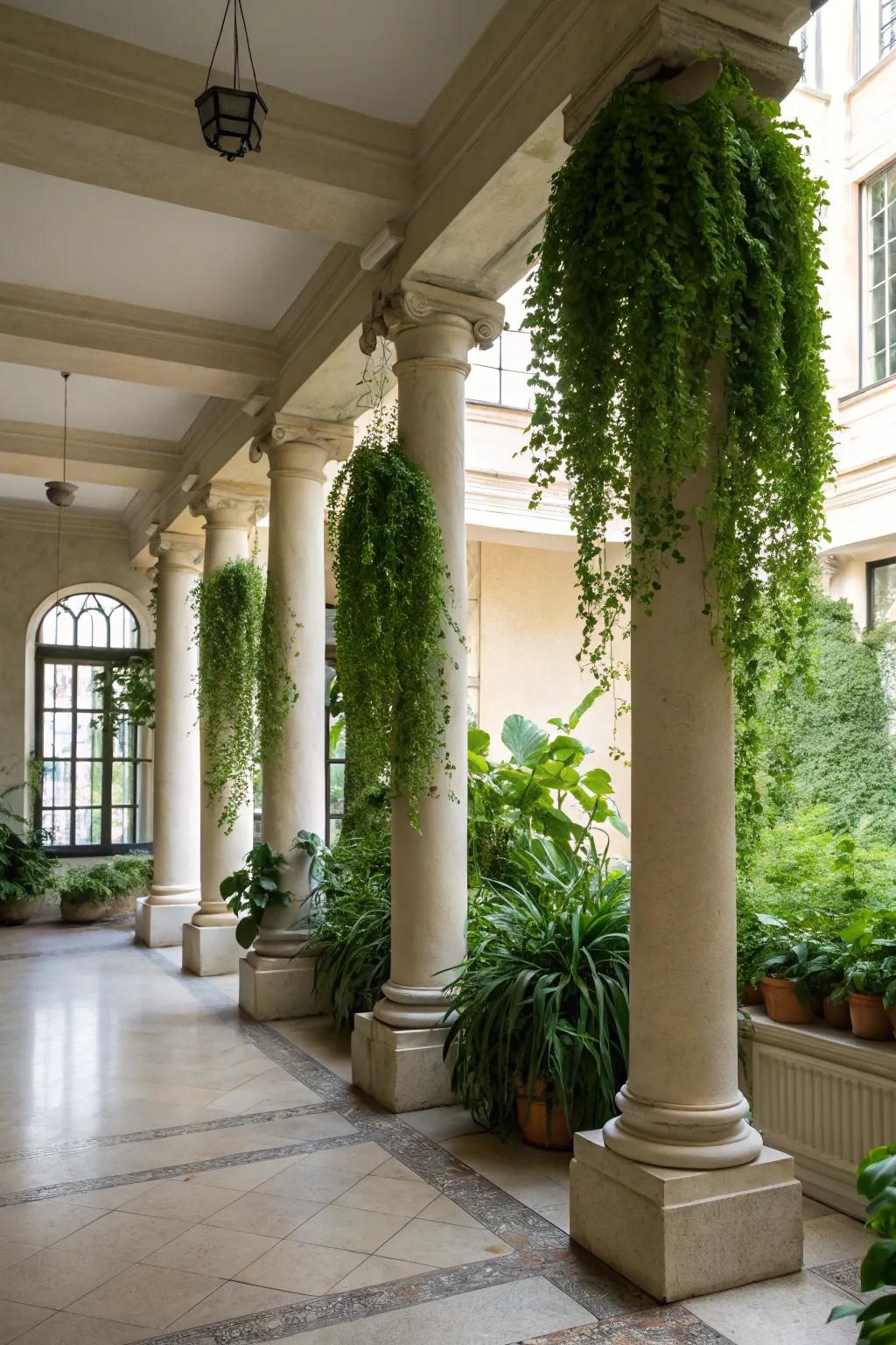 Columns serving as planters, bringing nature into a modern interior.