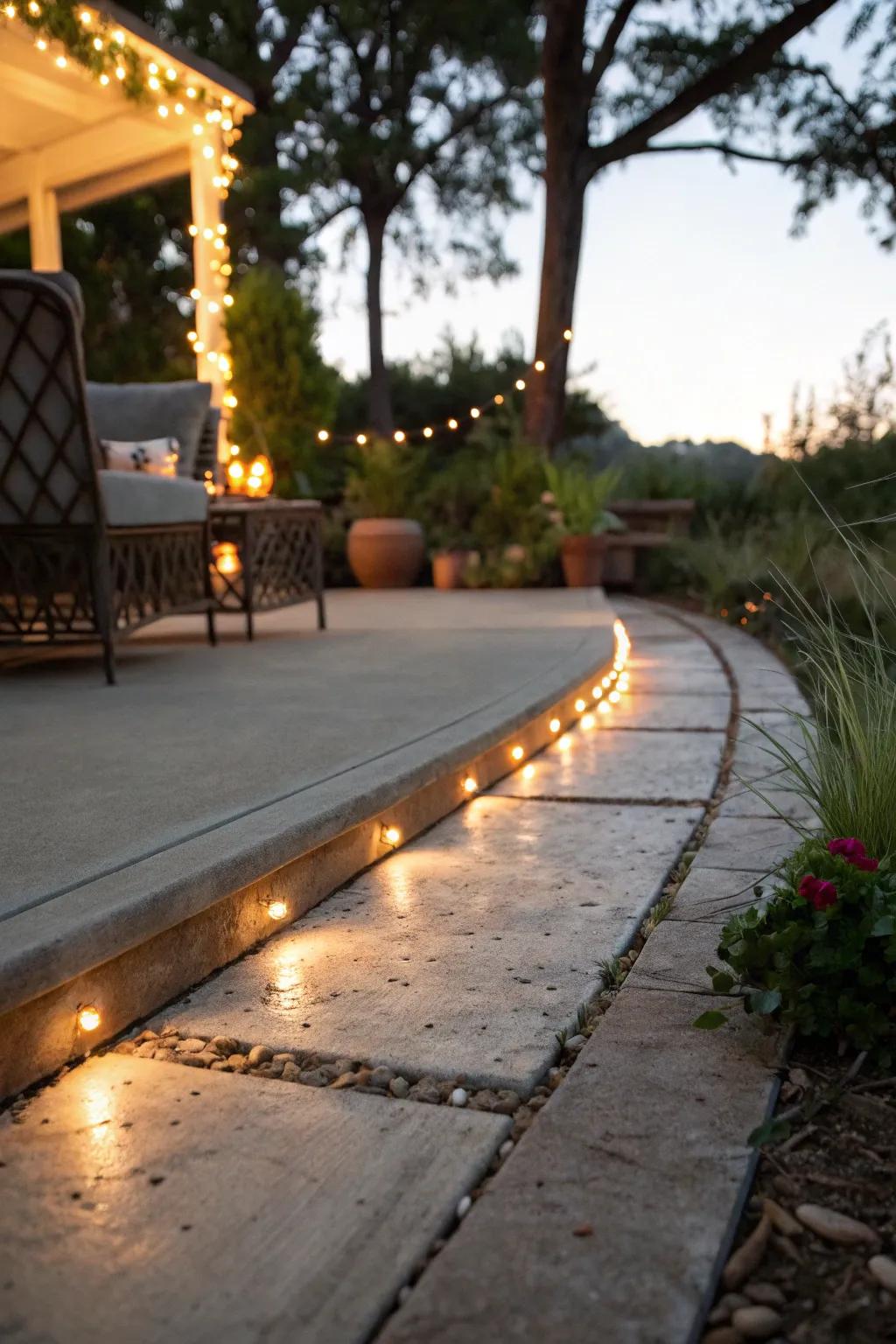 Solar lights amplify ambiance and safety for patio borders.