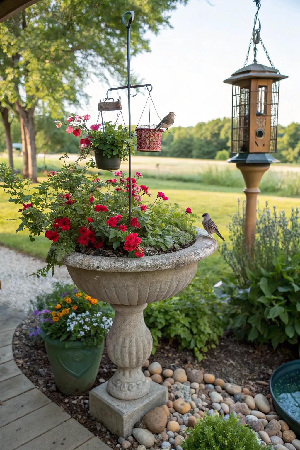 Bird-friendly elements in a container garden.