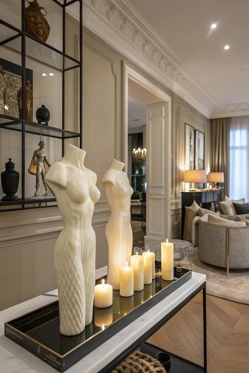 Sculptural figure candles extend a contemporary artistic accent.