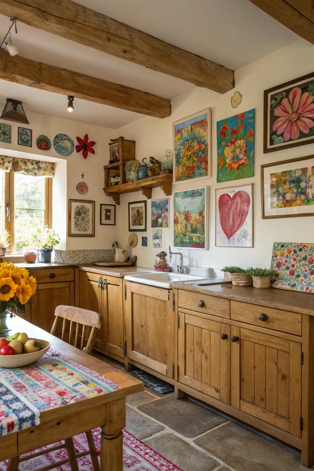 Art injects a personal touch to this colorful country kitchen.