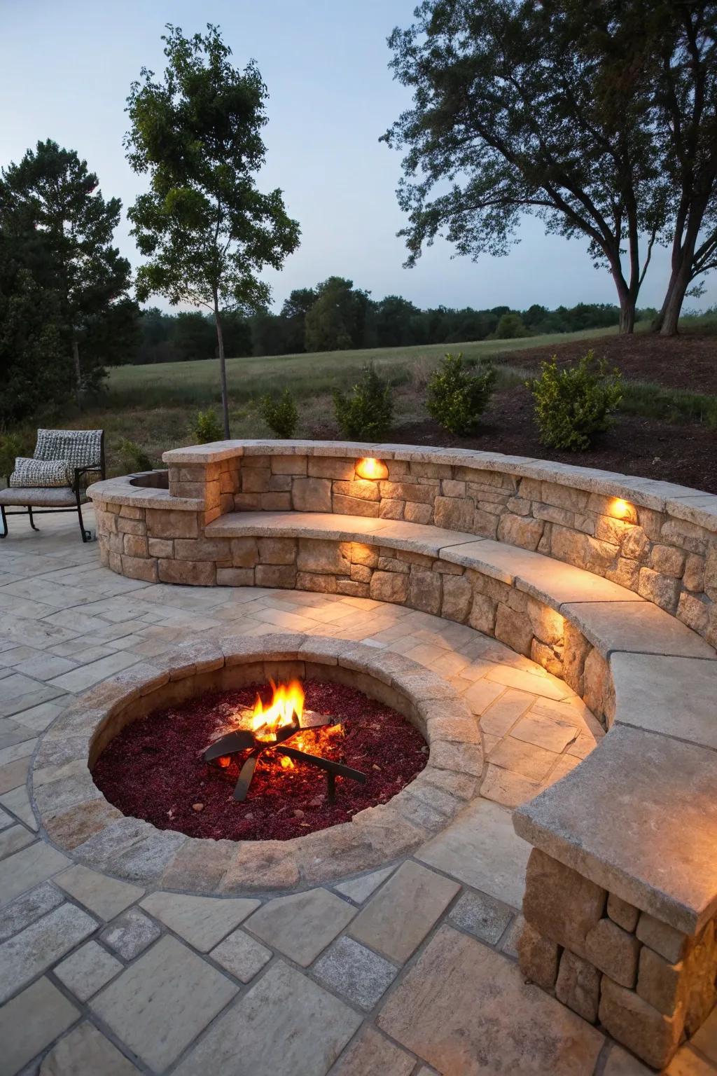 A ground-level fire pit provides a safe and intimate area for gatherings.