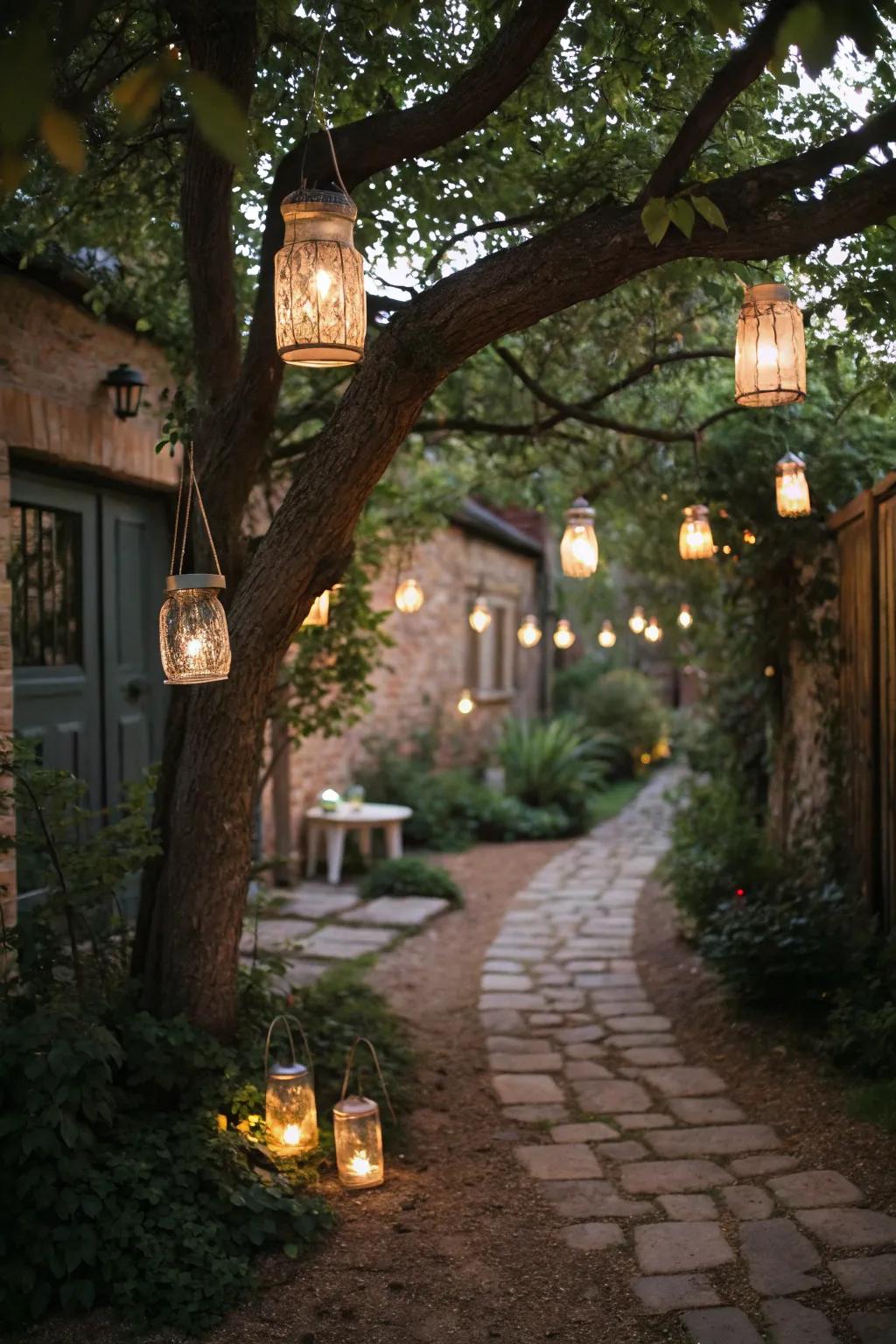 Homemade glass jar lanterns add a personal element to the courtyard.