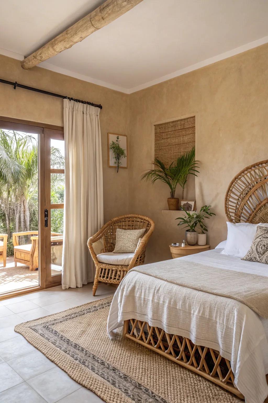 A bedroom featuring wicker furniture for an airy and harmonious design.
