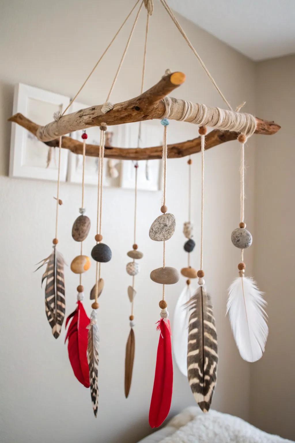 Transform your space with a touch of nature's magic—this handcrafted mobile blends simplicity with bold colors for a serene and stylish decor.