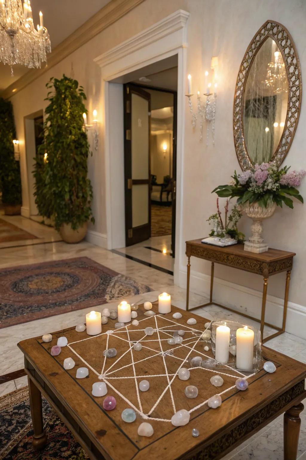 Gemstone grids at entryways can provide safeguarding and invite positive energy.