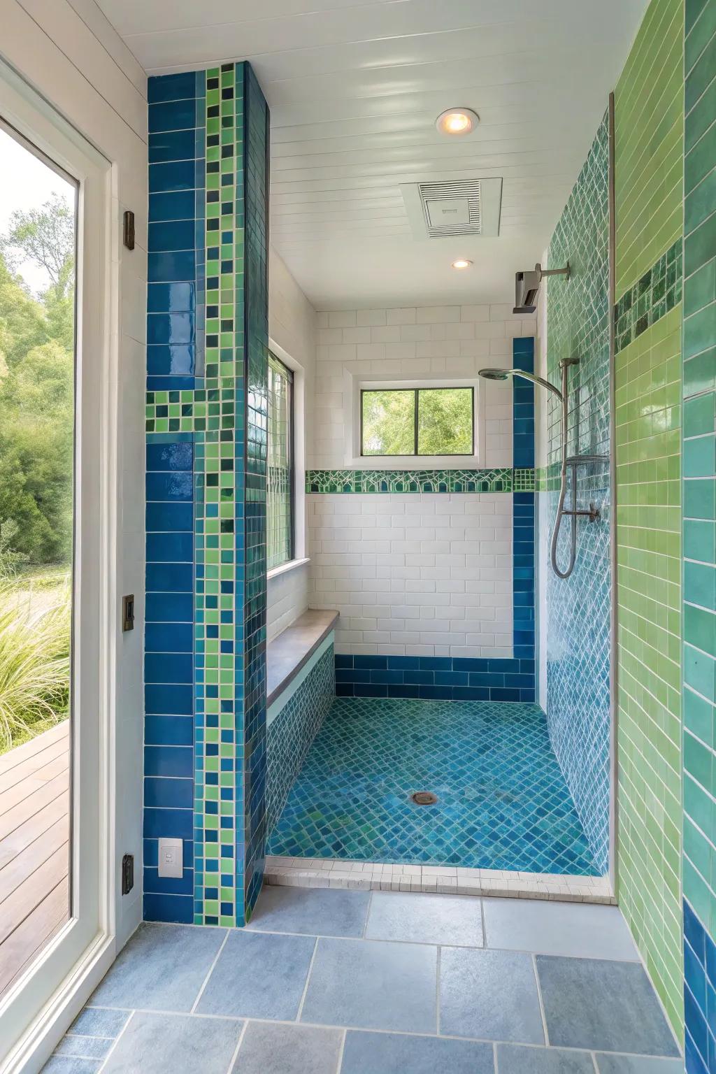 Bold color accents bring vibrancy and personality to this open shower.