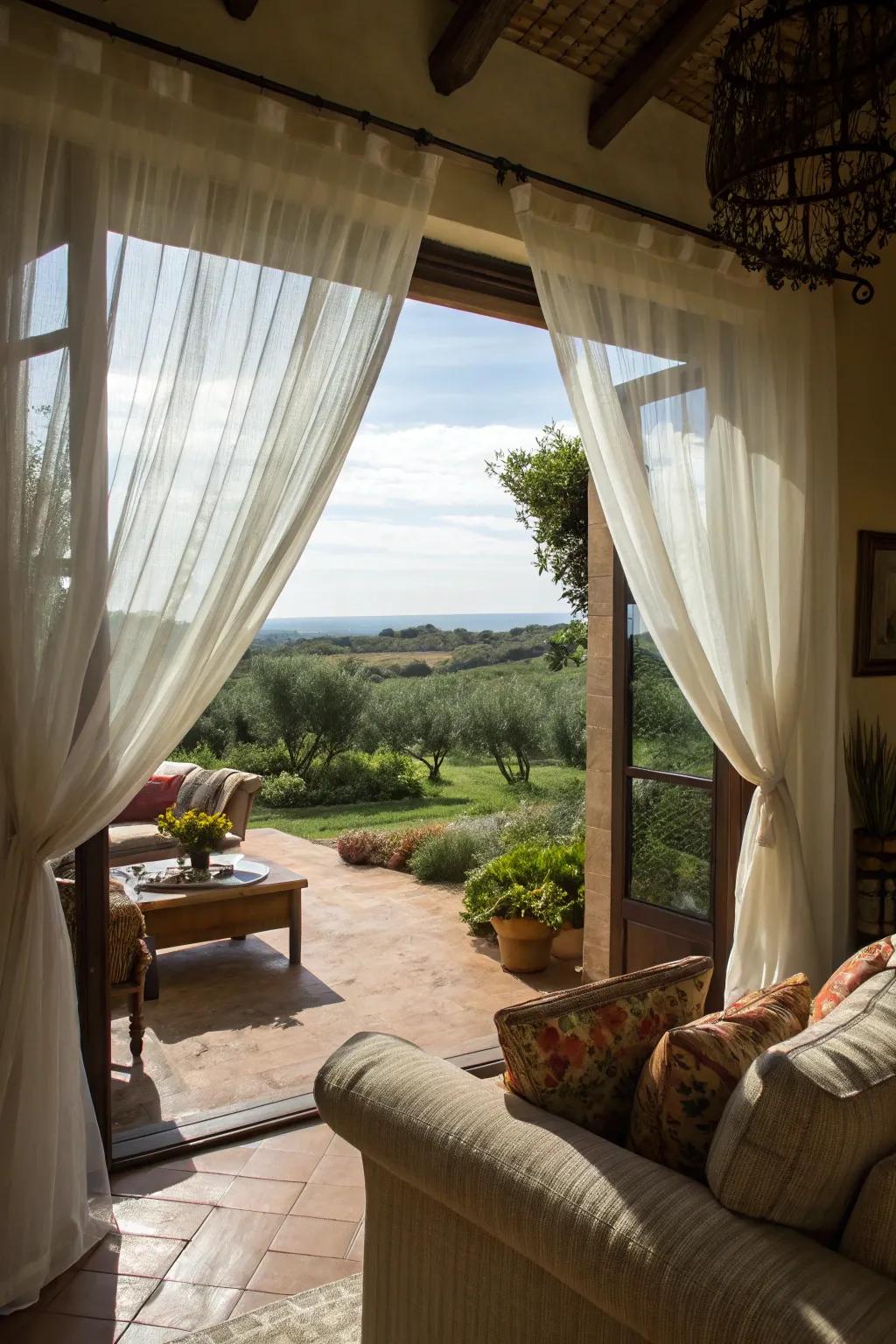 Tender sheers exquisitely frame alfresco vistas.